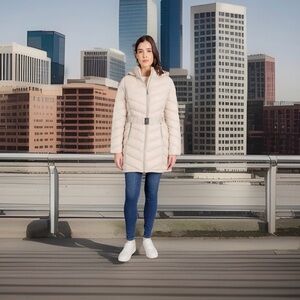 Calvin Klein Women's Size M Hooded Belted Long Parka Coat. Beige. New with Tags